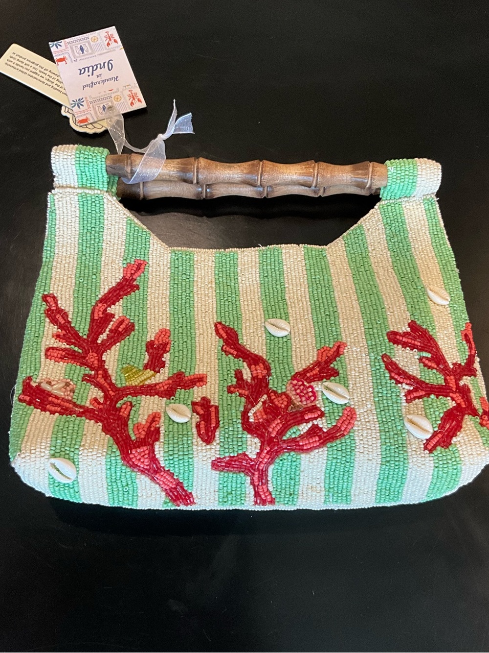 Beaded Coral Stripe Handbag with Bamboo Handle
